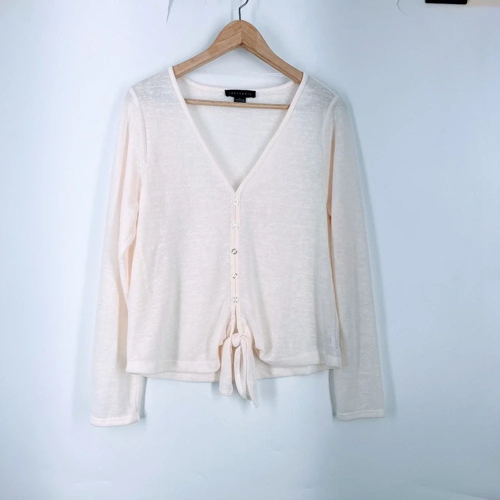 Sanctuary Womens Sheer Tie Front Button Long Sleeve Cardigan Sweater Size‎ L